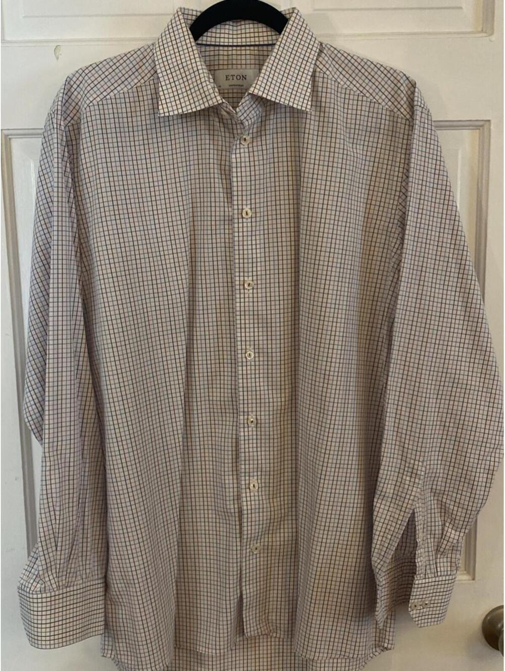 Eton Contemp Dress Shirt Mens 17.5 44 Blue/White/Maroon Check Long Sleeve Cotton